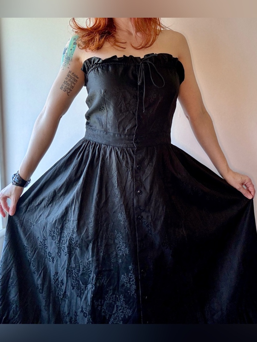 Vintage Black Gothic Corset Dress Strapless Jacquard Pockets Dark Academia Small